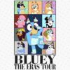 Alt Text: Image featuring Bluey and other cartoon dogs in various costumes. Text at bottom reads "Bluey: The Eras Tour".