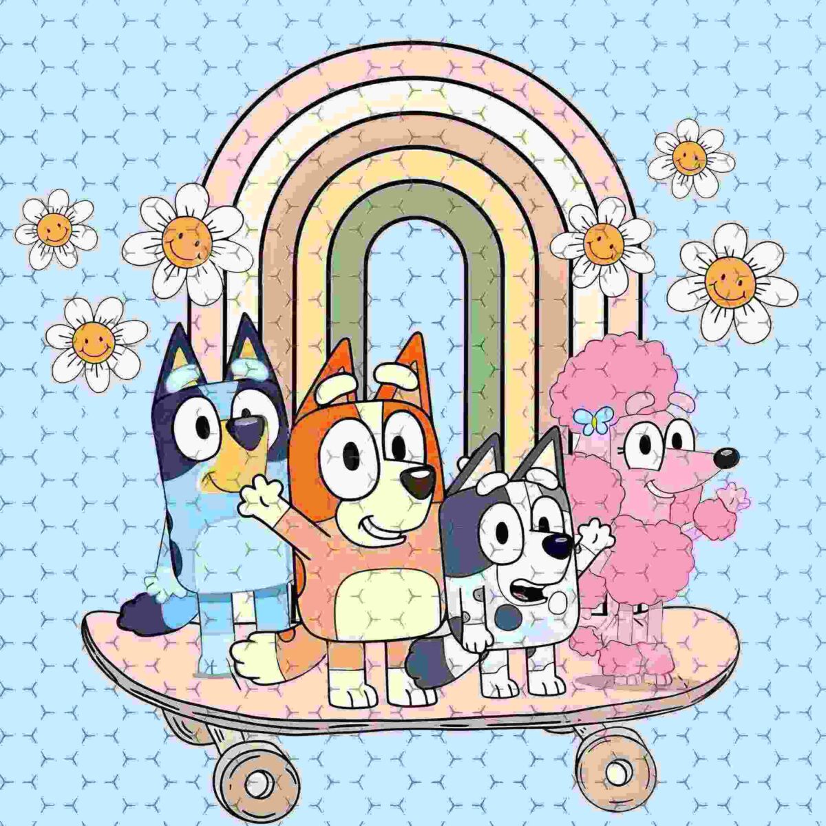 Four cartoon dogs stand on a skateboard in front of a rainbow backdrop with smiling daisies. The dogs are blue, orange, grey, and pink.