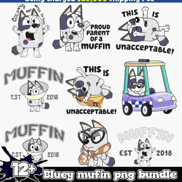 A promotional image advertising the "Bluey Muffin PNG Bundle." It features cartoon characters with various expressions and poses, some with text like "Proud parent of a muffin" and "This is unacceptable!" The bundle is available at a 40% discount on Dambundle.com.