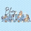 A graphic design with the word "MUM" filled with Bluey cartoon characters on a light blue patterned background. The word "Bluey" is handwritten above "MUM.