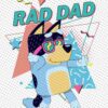 A cartoon dog wearing colorful sunglasses, with the words "RAD DAD" in bold letters above. The background features various geometric shapes and patterns in bright colors.