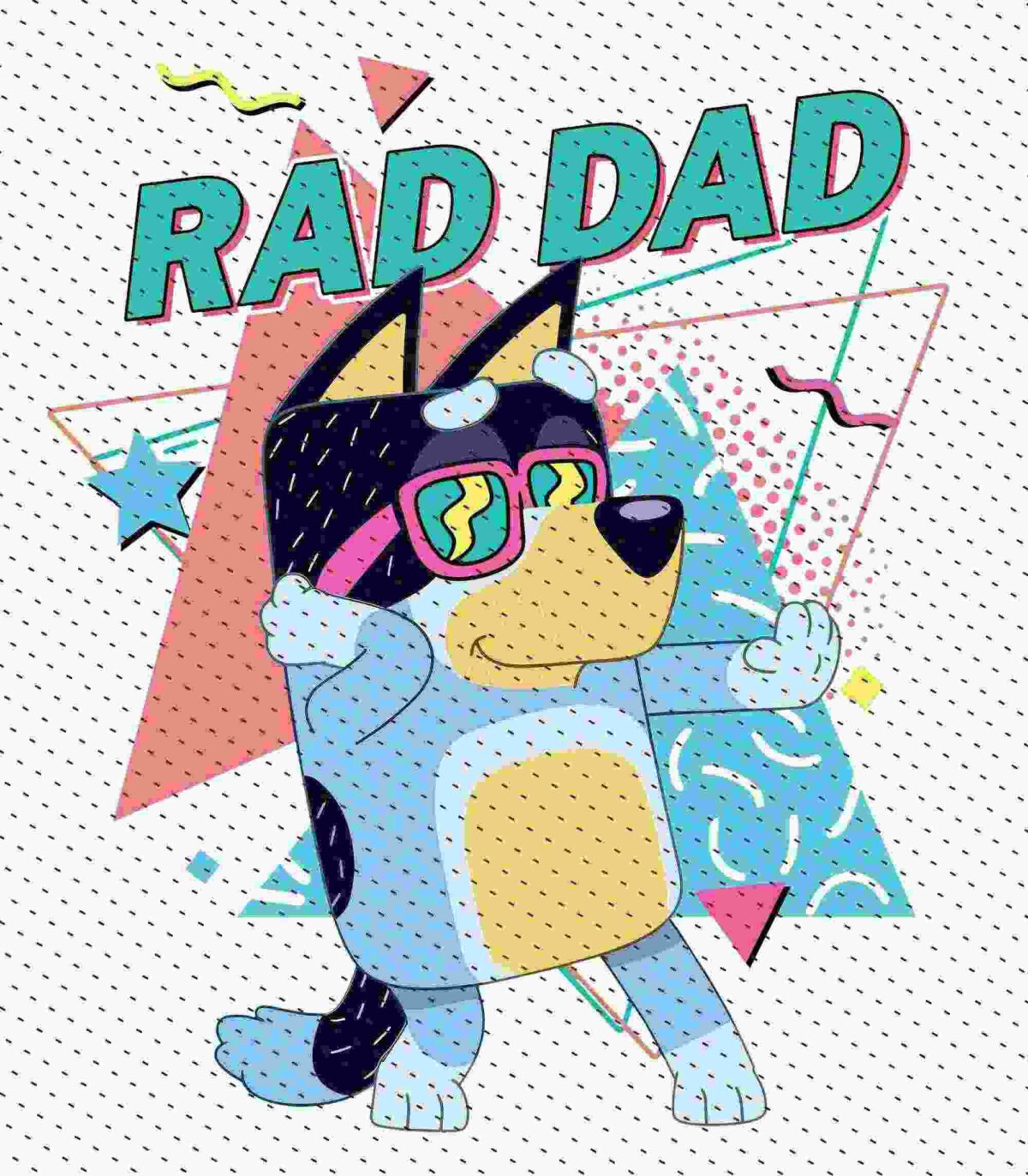 A cartoon dog wearing colorful sunglasses, with the words "RAD DAD" in bold letters above. The background features various geometric shapes and patterns in bright colors.