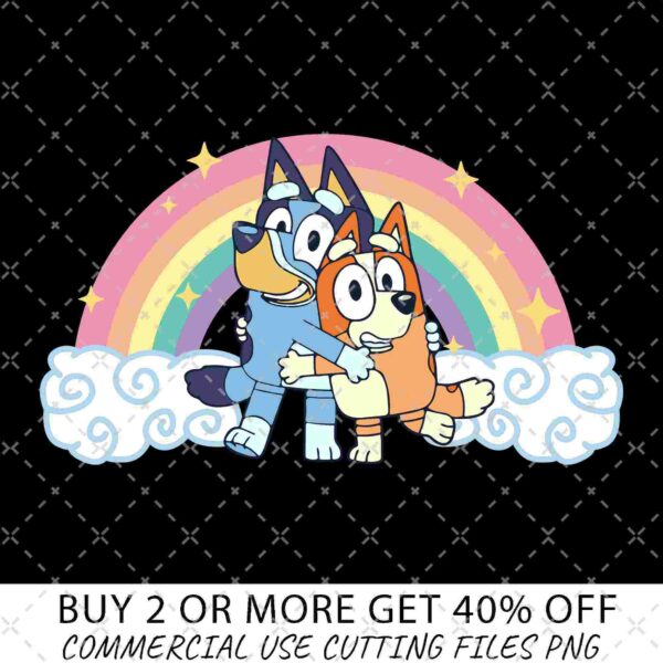 Two cartoon dogs, one blue and one orange, hugging in front of a rainbow with clouds. Text below them reads "Buy 2 or more get 40% off Commercial Use Cutting Files PNG.