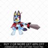 Illustration of an armored blue dog-like character holding a sword. Text at the bottom reads "Buy 2 or more get 40% off. Commercial use cutting files PNG.