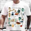 Alt Text: Man wearing a white T-shirt featuring various colorful illustrations and text related to dads, including tools, a grill, a mug, a tie, and captions like "Awesome Dad Ever" and "Mr. Fix it All.