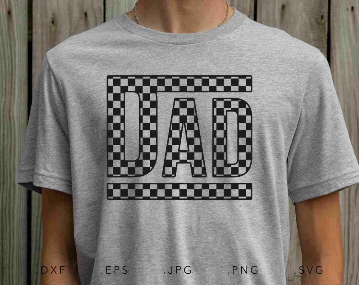 A person wearing a light gray T-shirt with the word "DAD" printed in bold black and white checkered letters. The background features a wooden fence with vertical planks. Various file format labels appear at the bottom of the image.