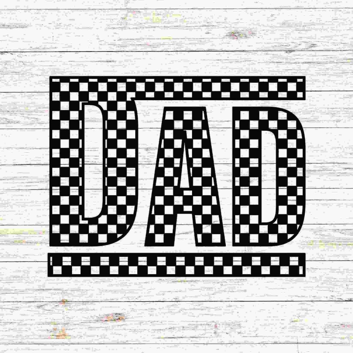 Alt Text: Black and white checkered text spells "DAD" on a light wood background.