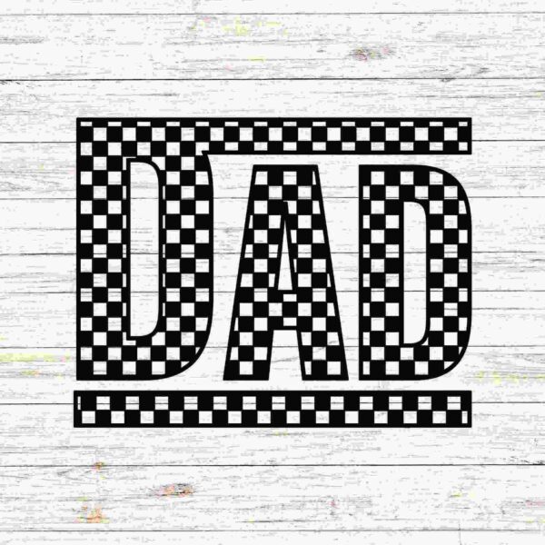 Alt Text: Black and white checkered text spells "DAD" on a light wood background.