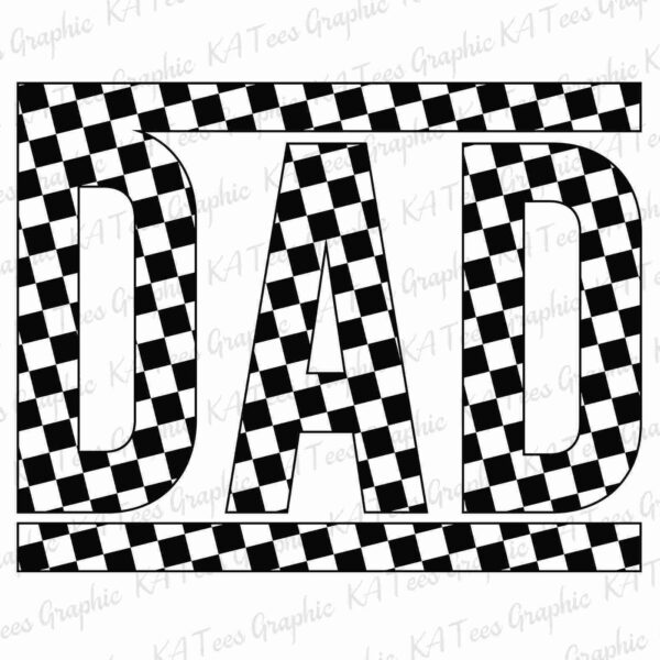 The image features the word "DAD" in bold, capital letters, with a black and white checkered pattern filling the entire word.