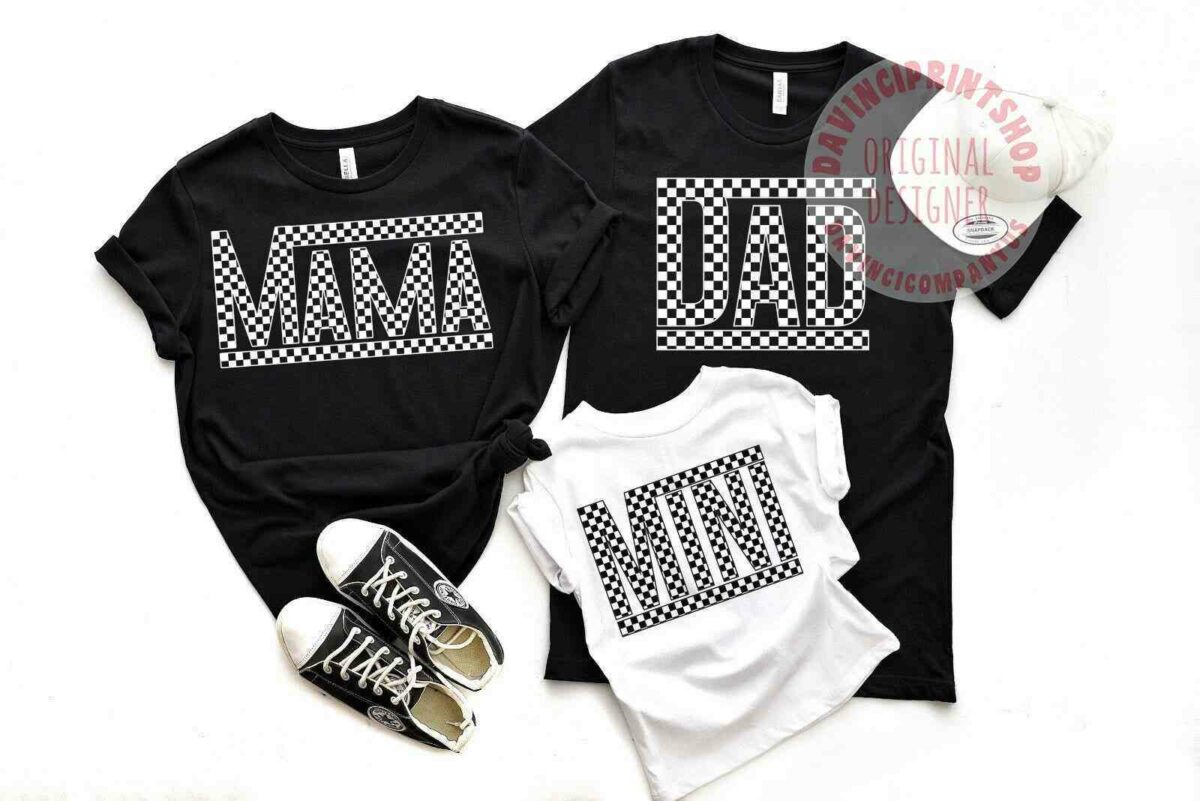 Two black shirts labeled "MAMA" and "DAD" and one white shirt labeled "MINI" are displayed alongside a pair of black sneakers with white laces.