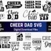 A collection of 15 "Cheer Dad" SVG designs with various typography and illustrations, suitable for digital download in SVG, PNG, JPG, DXF, and EPS file formats.