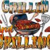 Alt Text: Illustration featuring a grill with skewered and individual meats. The text "Chillin and Grillin" is boldly written above and around the grill.
