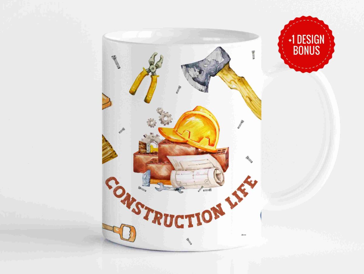 White mug featuring illustrated construction tools, hard hats, bricks, and blueprints with the text "CONSTRUCTION LIFE" and a red seal indicating a "DESIGN BONUS.