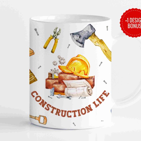 White mug featuring illustrated construction tools, hard hats, bricks, and blueprints with the text "CONSTRUCTION LIFE" and a red seal indicating a "DESIGN BONUS.