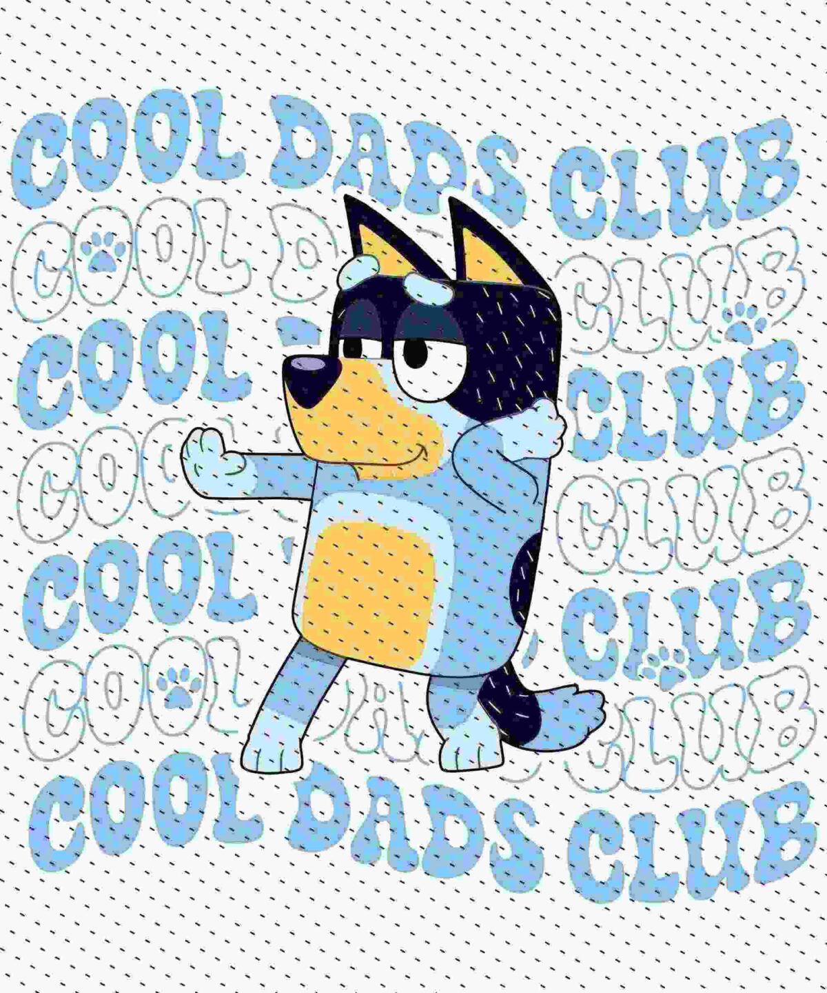 Illustration of an animated blue dog wearing sunglasses, smiling, and giving a thumbs-up, with the repeated text "COOL DADS CLUB" in the background.