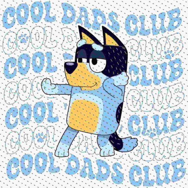 Illustration of an animated blue dog wearing sunglasses, smiling, and giving a thumbs-up, with the repeated text "COOL DADS CLUB" in the background.