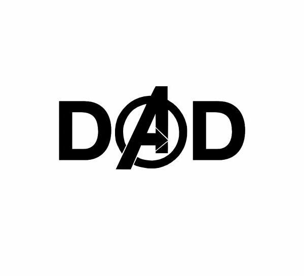 Alt Text: The word "DAD" in bold black letters incorporates the iconic "A" symbol from the Avengers logo in place of the middle "A".