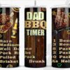 Alt Text: Three cylindrical tumblers feature BBQ-themed designs with grilled steaks, beer bottles, and text about meat cooking levels and drink quantities. The central tumbler has "Dad BBQ Timer" prominently displayed.