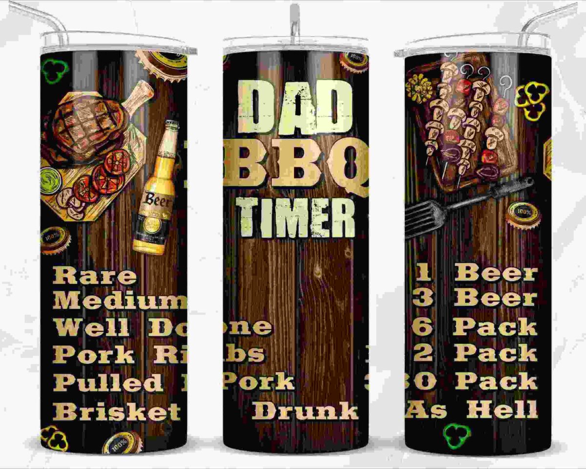 Alt Text: Three cylindrical tumblers feature BBQ-themed designs with grilled steaks, beer bottles, and text about meat cooking levels and drink quantities. The central tumbler has "Dad BBQ Timer" prominently displayed.