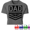 A gray t-shirt with the words "DAD" in large, bold letters, followed by "Dedicated and Devoted to God, Family & Freedom" in smaller text below. The shirt features a cross symbol and decorative chevron elements. Various file format icons (PNG, SVG, DXF, EPS) are displayed below the shirt.
