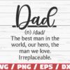 A white wooden sign with the word "Dad" written in large cursive. Below is a definition: "The best man in the world, our hero, the man we love. Irreplaceable." Red bar at bottom lists file types.