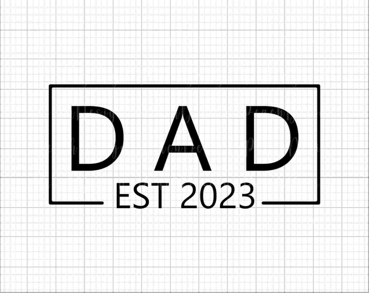 Black text on a grid background reads "DAD" in large letters with "EST 2023" below inside a rectangular border.