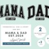 Alt Text: Illustrated text design reading "MAMA" and "DAD" with "EST. 2024" beneath each. Includes a note about commercial use clipart offering 2 transparent PNGs, 2 SVGs, and 2 JPEGs at 300 DPI.