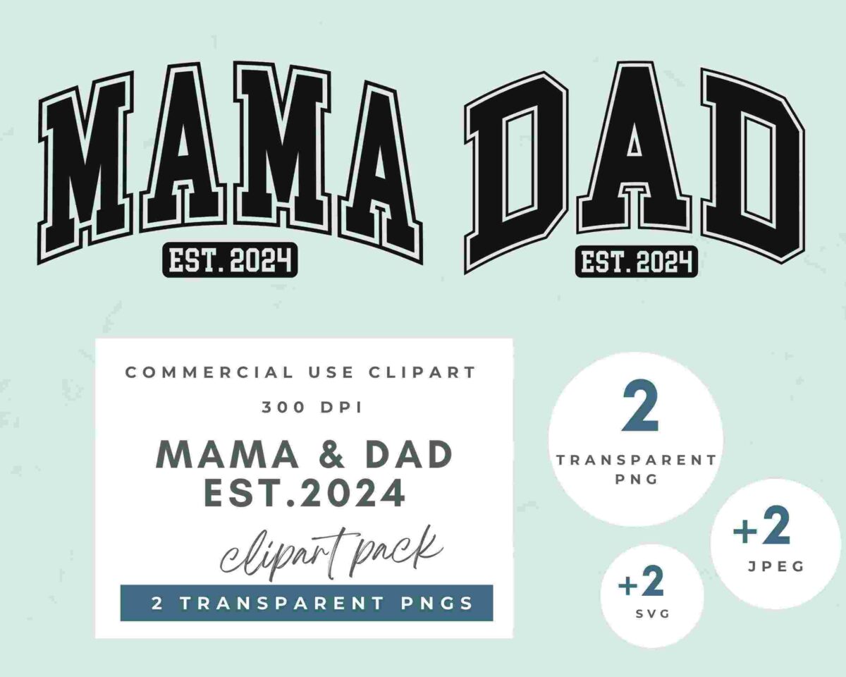 Alt Text: Illustrated text design reading "MAMA" and "DAD" with "EST. 2024" beneath each. Includes a note about commercial use clipart offering 2 transparent PNGs, 2 SVGs, and 2 JPEGs at 300 DPI.