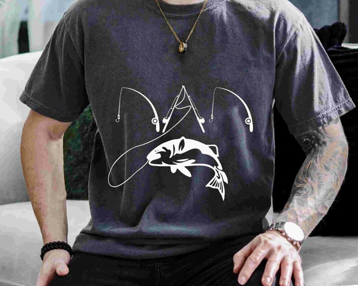 Alt Text: A person wearing a black T-shirt with a white graphic of a fish and fishing rods.