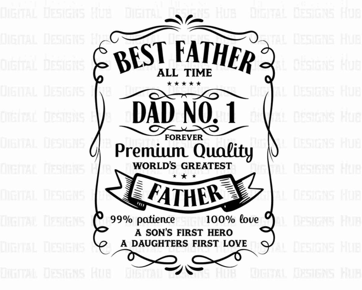 Ornate vintage-style text reads, "Best Father of all time. Dad No. 1. Forever Premium Quality. World's Greatest Father. 99% Patience, 100% Love. A Son's First Hero, A Daughter's First Love.