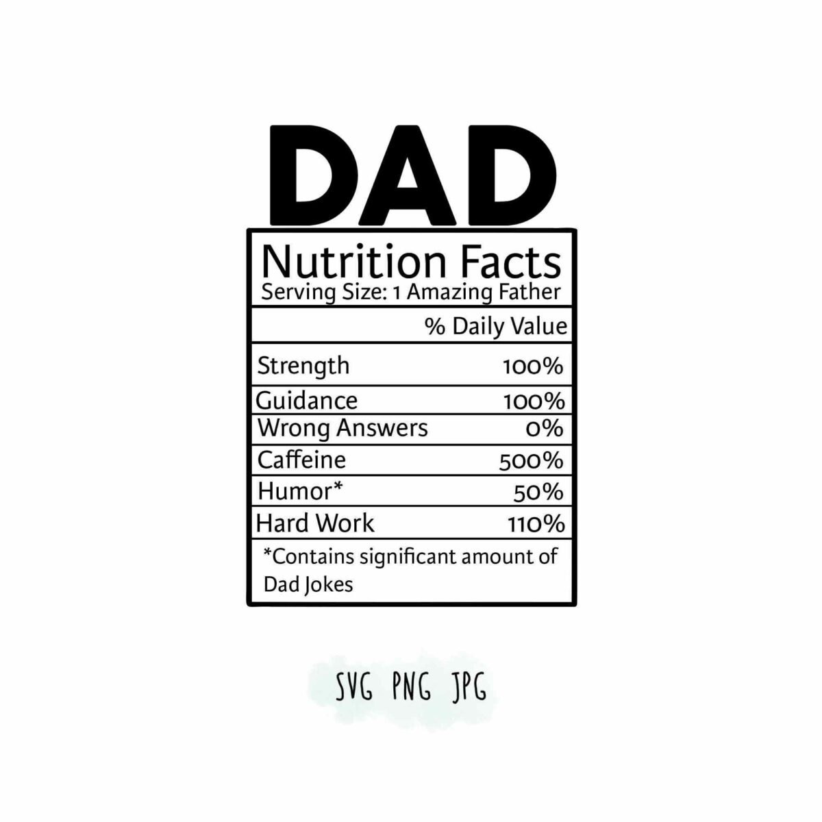 Black and white graphic with "DAD Nutrition Facts" label detailing percentages for Strength, Guidance, Wrong Answers, Caffeine, Humor, and Hard Work, with a note on dad jokes. Options for SVG, PNG, and JPG formats.