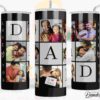 A black and white travel tumbler with "DAD" written across three sides, featuring family photos of fathers and their children. The word "LOVE YOU" is displayed vertically on the sides.