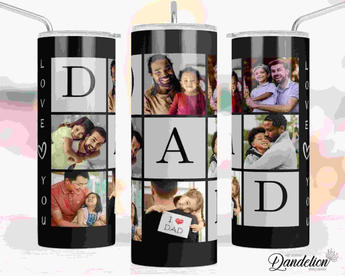 A black and white travel tumbler with "DAD" written across three sides, featuring family photos of fathers and their children. The word "LOVE YOU" is displayed vertically on the sides.