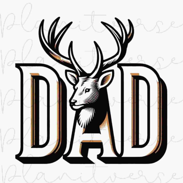 The image features the word "DAD" in bold, stylized font with a detailed illustration of a deer’s head with antlers integrated into the letter "A". The background is plain white.