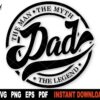 A circular logo with the text "The Man, The Myth, Dad, The Legend." Various file formats (SVG, PNG, EPS, PDF) and "Instant Download" are also mentioned.
