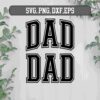 Text "DAD" is displayed twice in bold, varsity-style lettering against a light background, with "SVG, PNG, DXF, EPS" noted above. Green foliage decorates the sides.