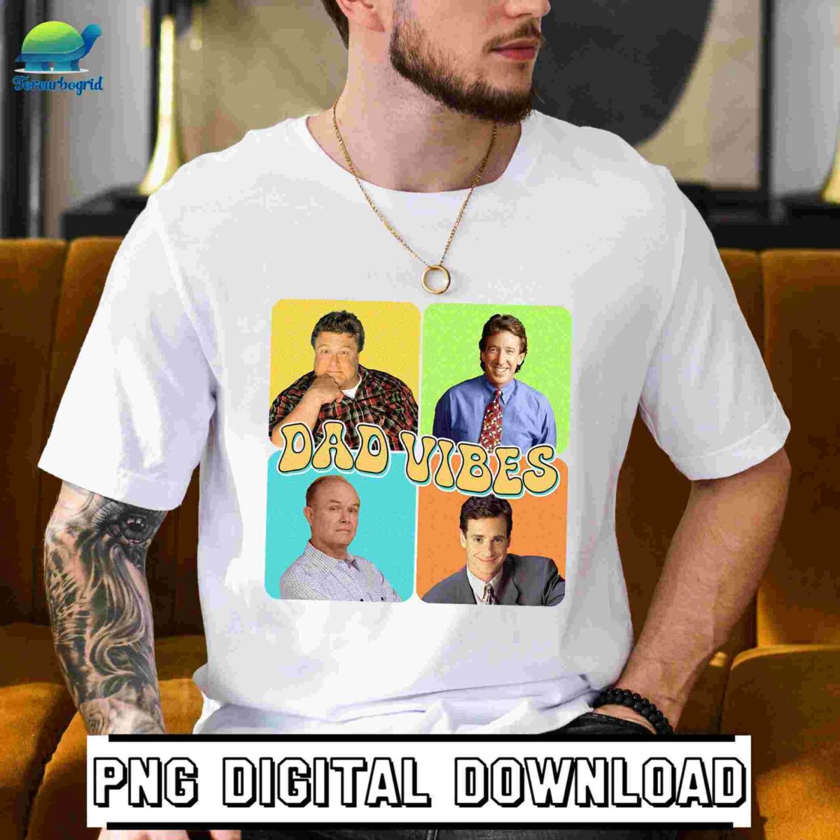 A person wearing a white t-shirt with the graphic "Dad Vibes" and four photos of different men in colorful backgrounds. The text "PNG DIGITAL DOWNLOAD" is at the bottom of the image.