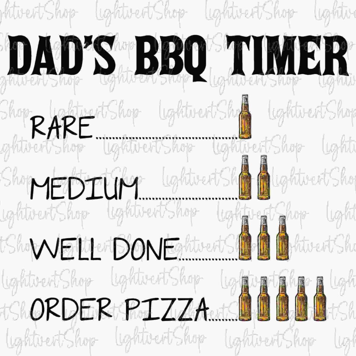 Alt Text: A chart labeled "Dad's BBQ Timer" showing beer bottles for cooking times: Rare - 1 bottle, Medium - 2 bottles, Well Done - 3 bottles, Order Pizza - 4 bottles.