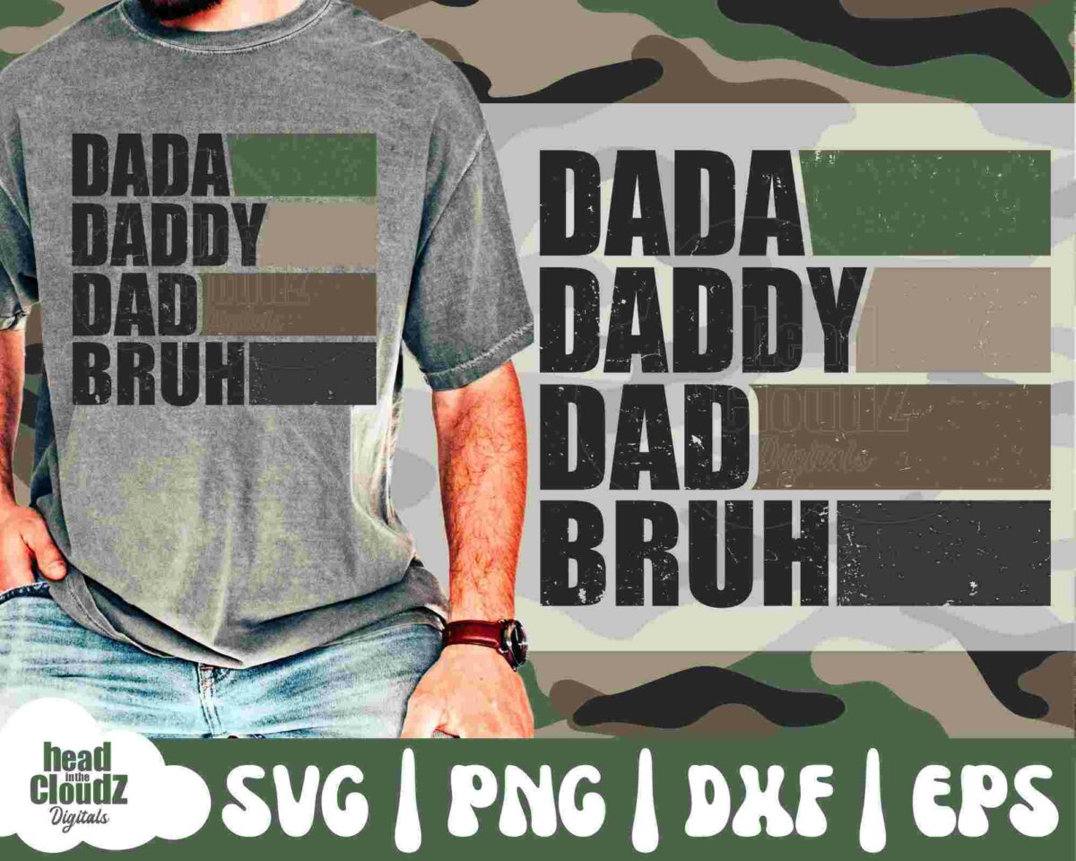 Person wearing a grey t-shirt with the text "DADA, DADDY, DAD, BRUH" in black and green font. Background has a camouflage pattern and the words "SVG, PNG, DXF, EPS." "Head Cloudz Digitals” logo is present.