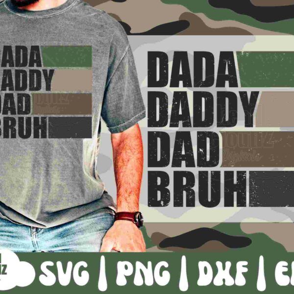 Person wearing a grey t-shirt with the text "DADA, DADDY, DAD, BRUH" in black and green font. Background has a camouflage pattern and the words "SVG, PNG, DXF, EPS." "Head Cloudz Digitals” logo is present.