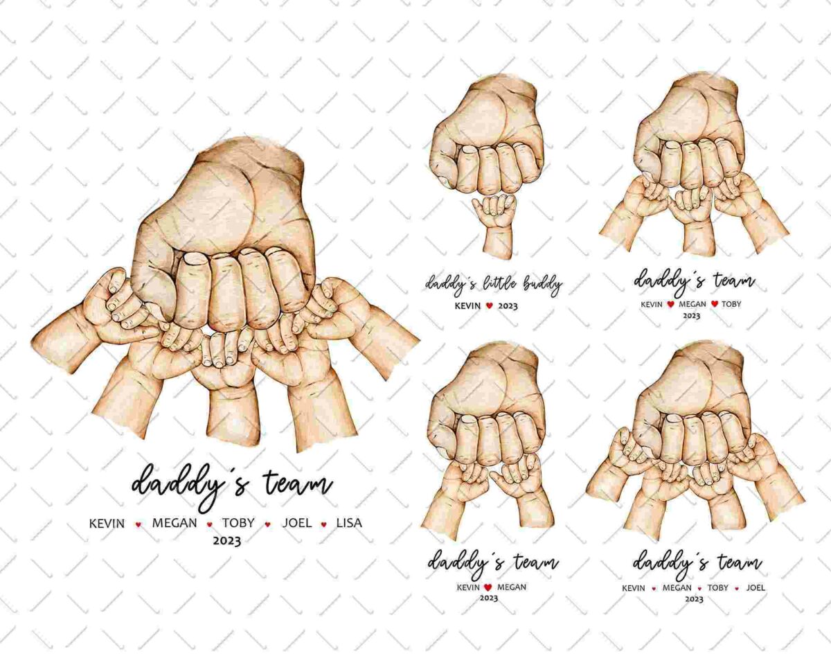 Illustration of adult and child hands forming fists. Text reads "Daddy's team" with names Kevin, Megan, Toby, Joel, and Lisa, and year 2023 underneath.