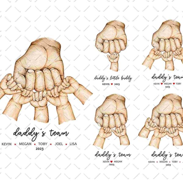 Illustration of adult and child hands forming fists. Text reads "Daddy's team" with names Kevin, Megan, Toby, Joel, and Lisa, and year 2023 underneath.