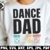 Person wearing a white sweatshirt with "DANCE DAD" in large text and smaller words "DRIVE, PAY, CLAP, REPEAT" with corresponding icons below.