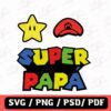 An illustration featuring a yellow star, a red cap with an "M," and the text "Super Papá" in bold, colorful letters. Available formats: SVG, PNG, PSD, PDF.