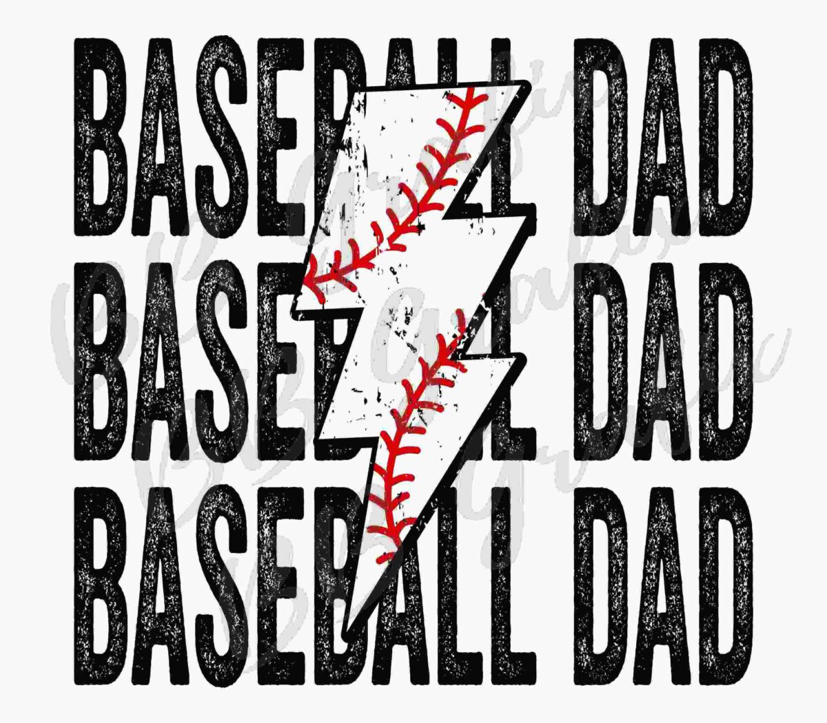 Text reads "BASEBALL DAD" three times with a graphic of a lightning bolt and red baseball stitching in the center.