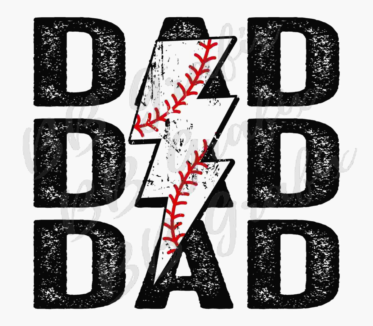 The word "DAD" repeated three times in black, with a baseball-stitched lightning bolt cutting diagonally through the center of the middle "DAD".