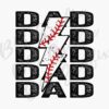 Text reads "DAD" in a repeated pattern with a lightning bolt in the middle, featuring baseball stitching. Background is white.