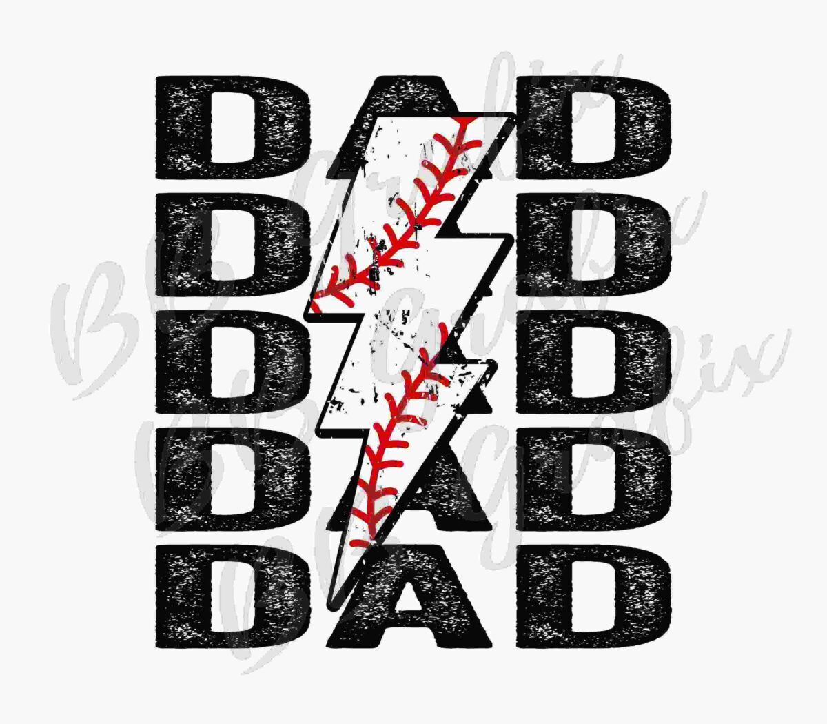 Text reads "DAD" in a repeated pattern with a lightning bolt in the middle, featuring baseball stitching. Background is white.