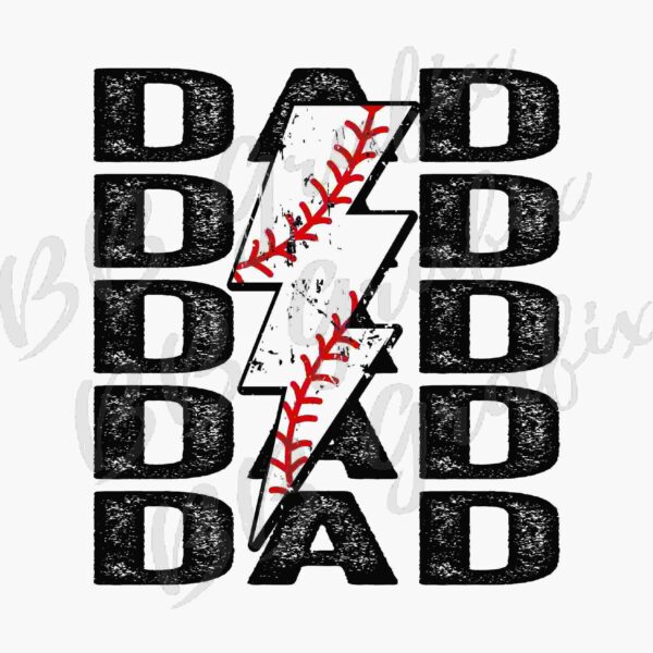 Text reads "DAD" in a repeated pattern with a lightning bolt in the middle, featuring baseball stitching. Background is white.