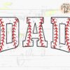 The word "DAD" is written in block letters with a baseball stitch pattern and a distressed texture on a wooden background.
